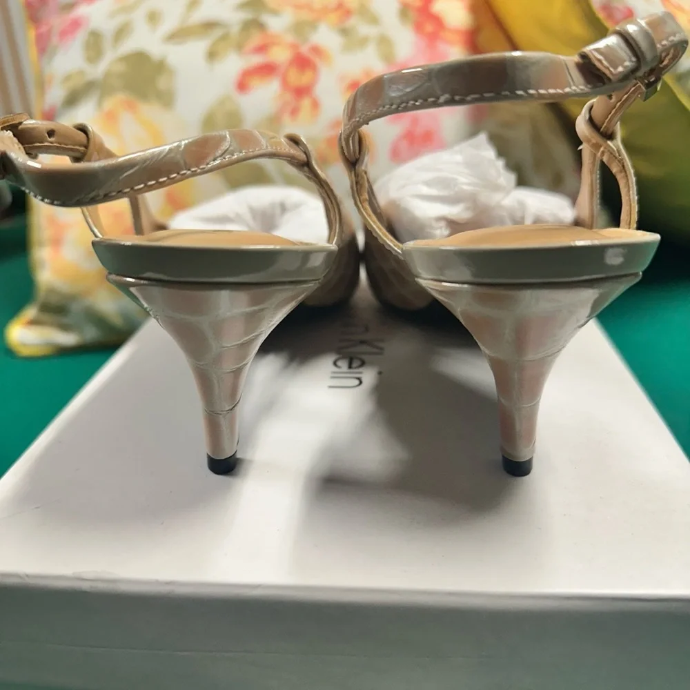 Calvin Klein Beige Croc-Embossed Slingback Heels
